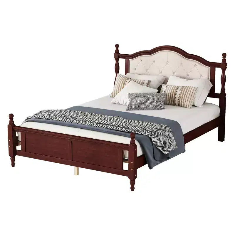 Base de cama Queen con cabecero y piecero tapizados, marco de cama de plataforma de madera con patas de soporte central