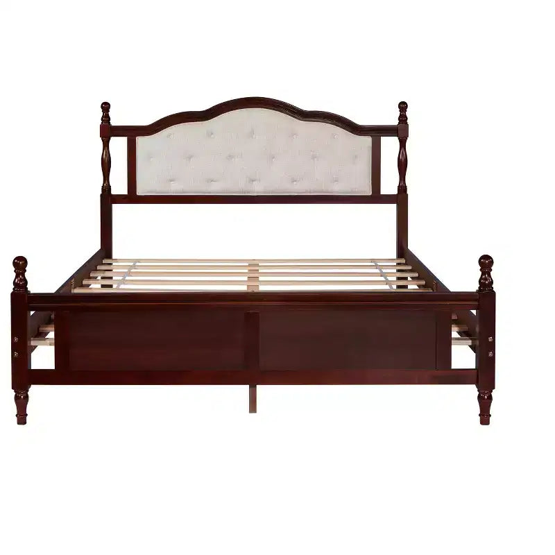 Base de cama Queen con cabecero y piecero tapizados, marco de cama de plataforma de madera con patas de soporte central