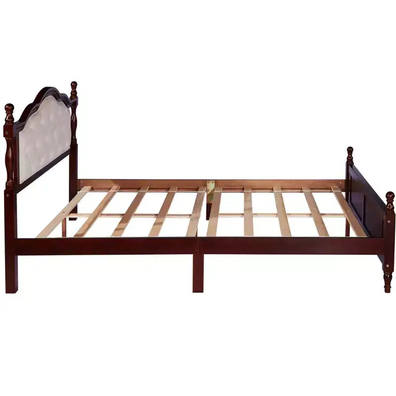 Base de cama Queen con cabecero y piecero tapizados, marco de cama de plataforma de madera con patas de soporte central