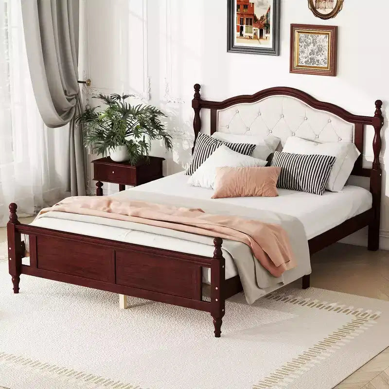 Queen Size Platform with Upholstered Headboard and Footboard, Wooden Platform Bed Frame with Central Support Feet