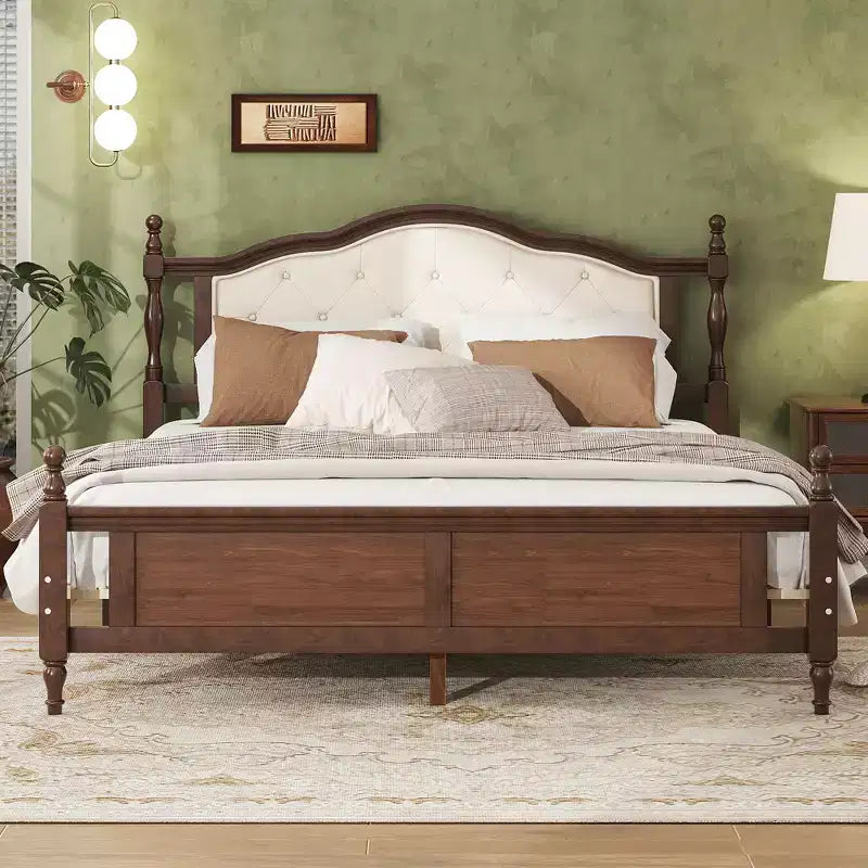 Base de cama Queen con cabecero y piecero tapizados, marco de cama de plataforma de madera con patas de soporte central