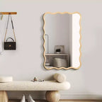 Espejo de pared de madera maciza ondulado de 40 x 28 pulgadas, espejo decorativo rectangular grande y moderno para sala de estar o entrada