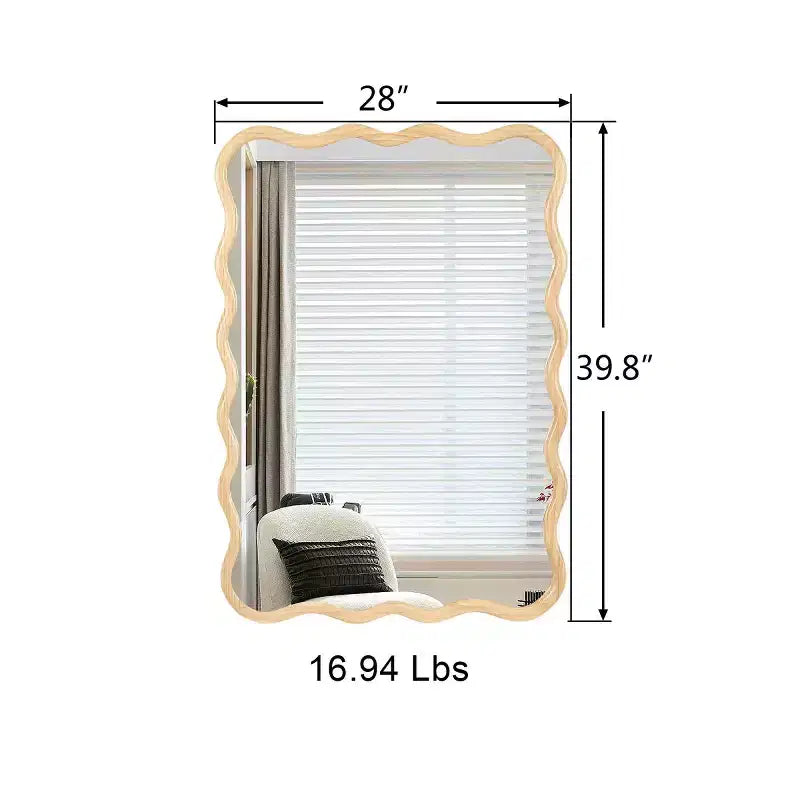 Espejo de pared de madera maciza ondulado de 40 x 28 pulgadas, espejo decorativo rectangular grande y moderno para sala de estar o entrada