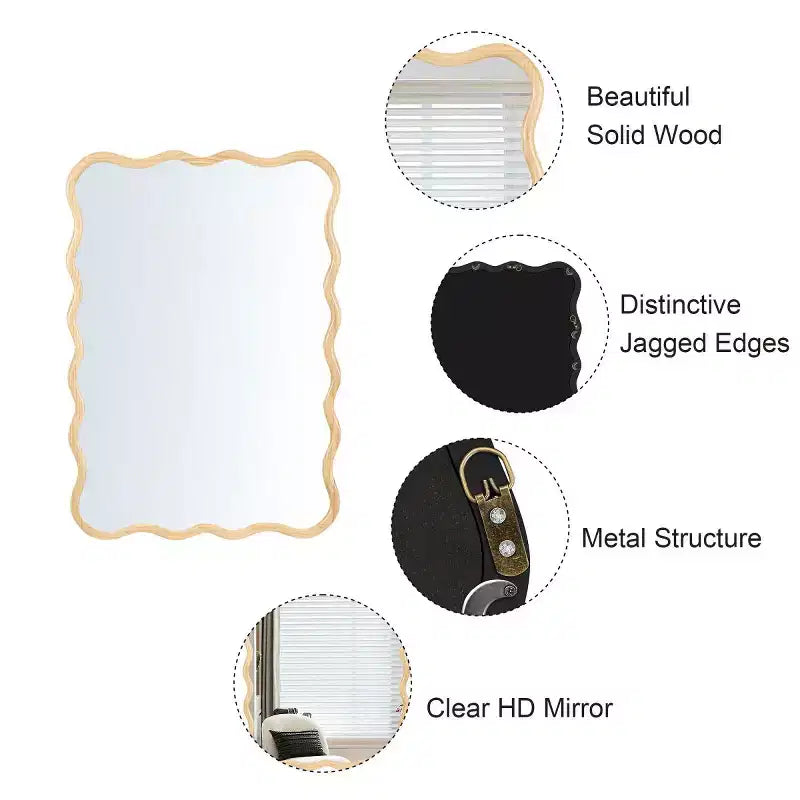 Espejo de pared de madera maciza ondulado de 40 x 28 pulgadas, espejo decorativo rectangular grande y moderno para sala de estar o entrada