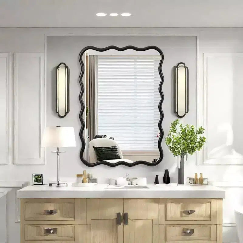 Espejo de pared de madera maciza ondulado de 40 x 28 pulgadas, espejo decorativo rectangular grande y moderno para sala de estar o entrada