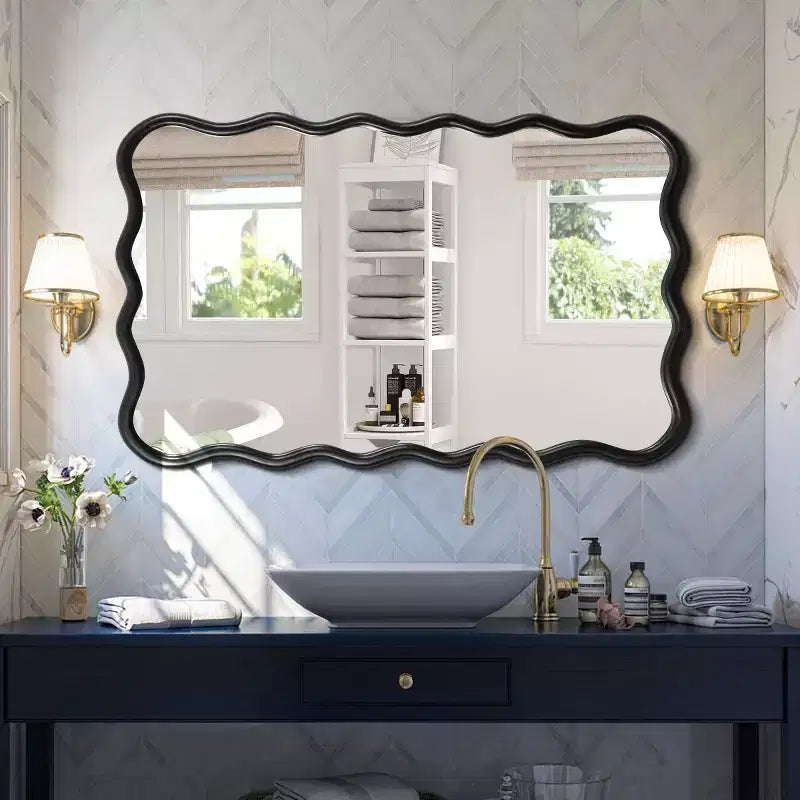 Espejo de pared de madera maciza ondulado de 40 x 28 pulgadas, espejo decorativo rectangular grande y moderno para sala de estar o entrada