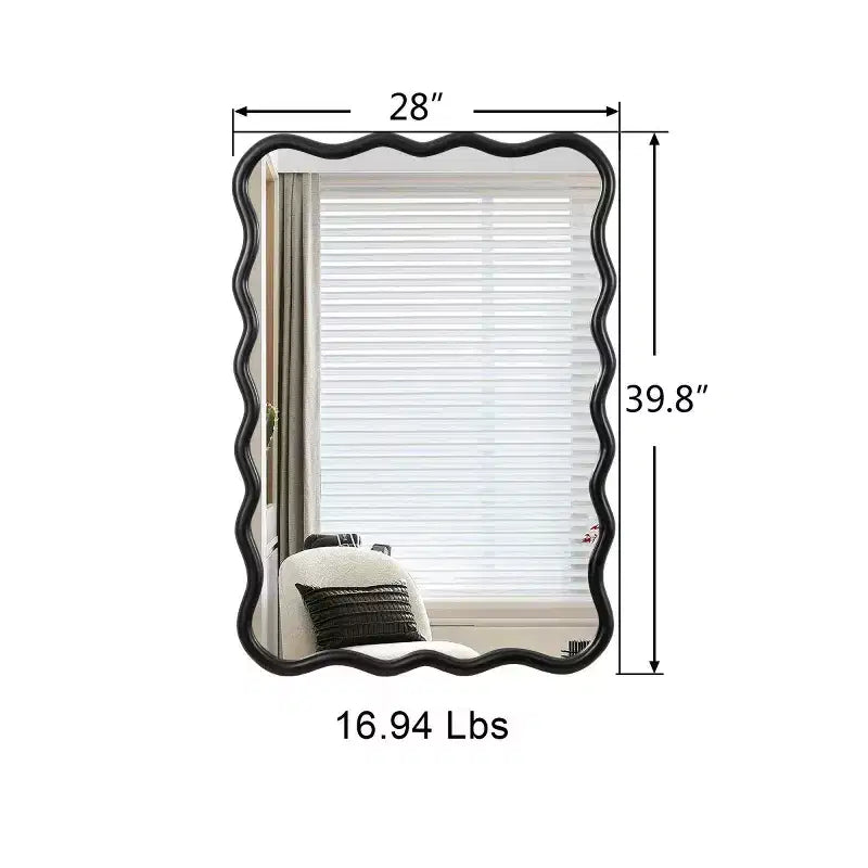 Espejo de pared de madera maciza ondulado de 40 x 28 pulgadas, espejo decorativo rectangular grande y moderno para sala de estar o entrada