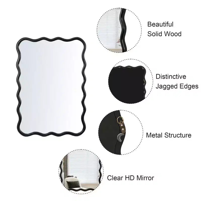 Espejo de pared de madera maciza ondulado de 40 x 28 pulgadas, espejo decorativo rectangular grande y moderno para sala de estar o entrada