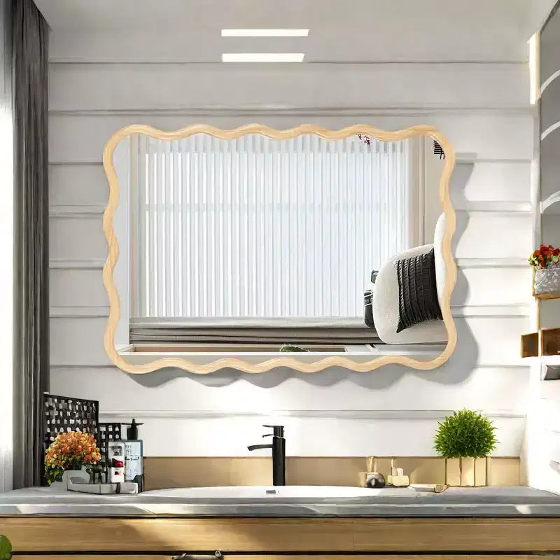 Espejo de pared de madera maciza ondulado de 40 x 28 pulgadas, espejo decorativo rectangular grande y moderno para sala de estar o entrada