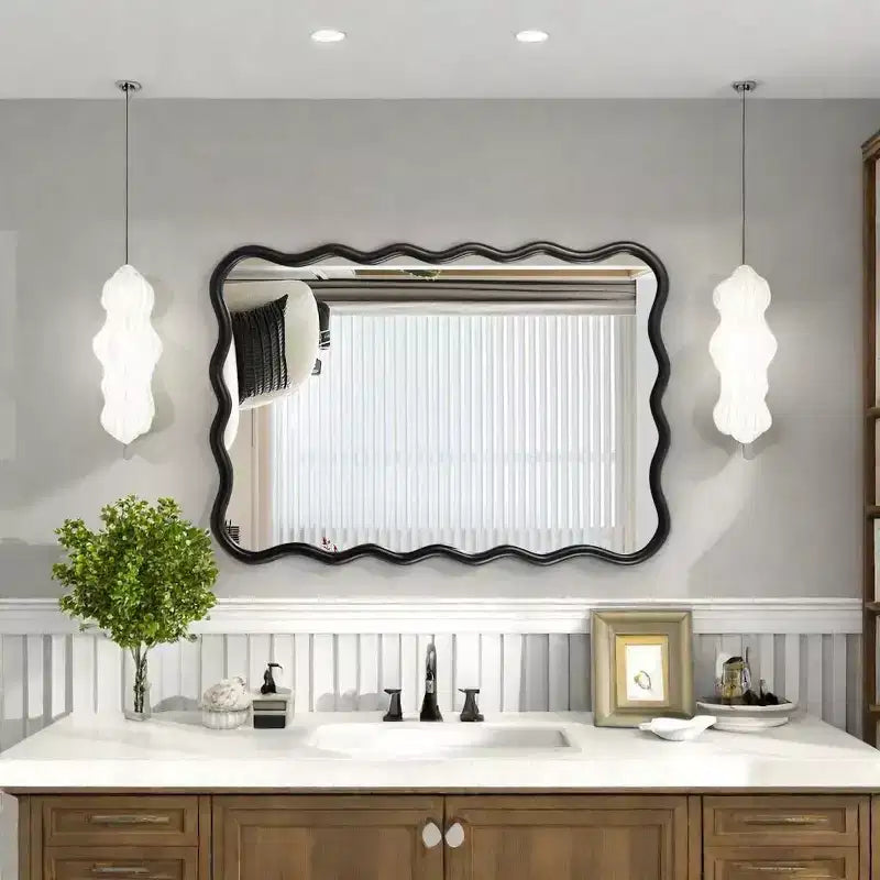 40 x 28 Wavy Solid Wood Wall Mirror, Modern Large Squiggle Rectangular Decorative Mirror for Living Room or Entryway - Panipeachy