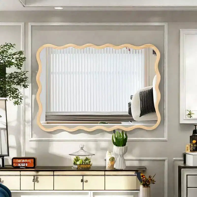 Espejo de pared de madera maciza ondulado de 40 x 28 pulgadas, espejo decorativo rectangular grande y moderno para sala de estar o entrada