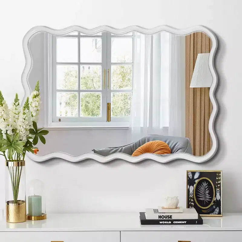 Espejo de pared de madera maciza ondulado de 40 x 28 pulgadas, espejo decorativo rectangular grande y moderno para sala de estar o entrada
