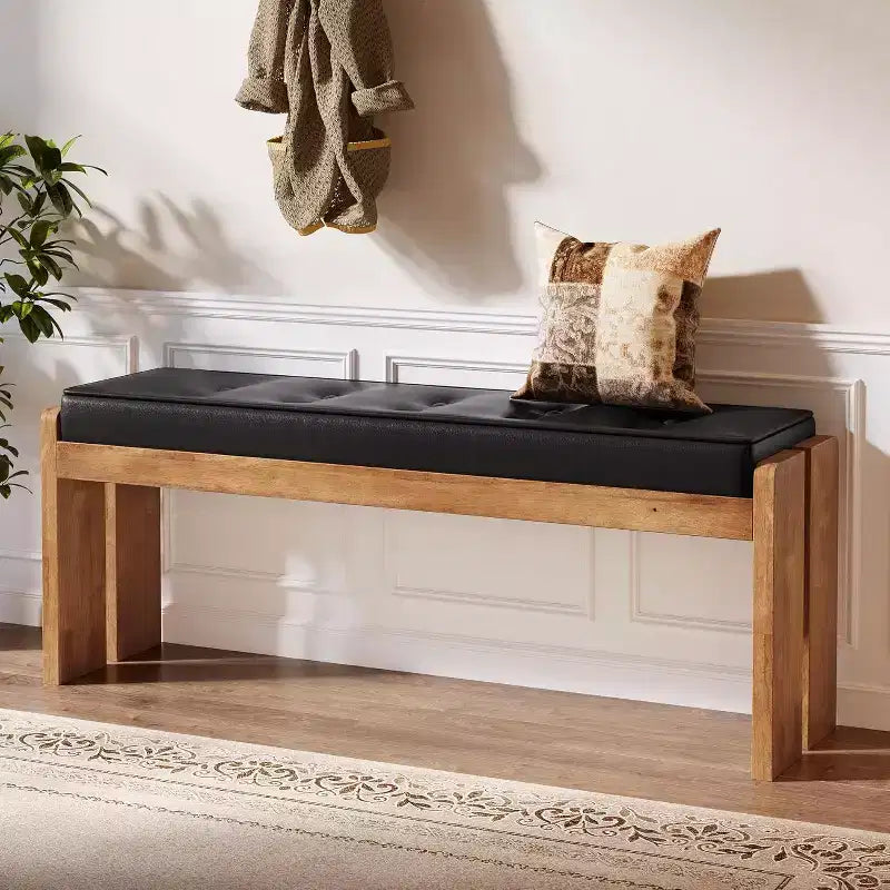 Banco de Entrada de Madera Maciza de 47 Pulgadas, Banco de Pie de Cama con Cojín de Cuero Tapizado y Patas de Madera para Sala de Estar, Dormitorio, Pasillo