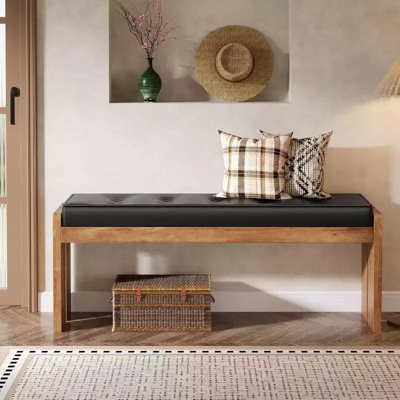 Banco de Entrada de Madera Maciza de 47 Pulgadas, Banco de Pie de Cama con Cojín de Cuero Tapizado y Patas de Madera para Sala de Estar, Dormitorio, Pasillo