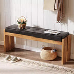 Banco de Entrada de Madera Maciza de 47 Pulgadas, Banco de Pie de Cama con Cojín de Cuero Tapizado y Patas de Madera para Sala de Estar, Dormitorio, Pasillo