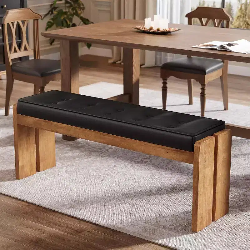 Banco de Entrada de Madera Maciza de 47 Pulgadas, Banco de Pie de Cama con Cojín de Cuero Tapizado y Patas de Madera para Sala de Estar, Dormitorio, Pasillo
