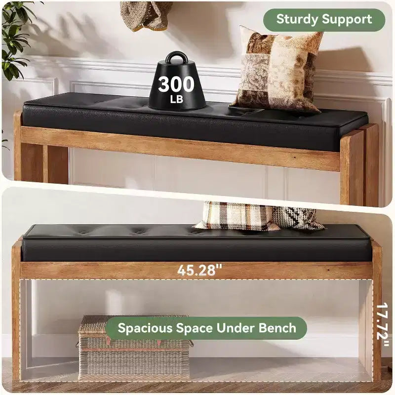 Banco de Entrada de Madera Maciza de 47 Pulgadas, Banco de Pie de Cama con Cojín de Cuero Tapizado y Patas de Madera para Sala de Estar, Dormitorio, Pasillo
