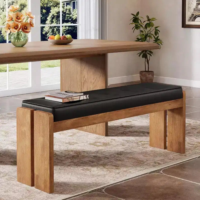 Banco de Entrada de Madera Maciza de 47 Pulgadas, Banco de Pie de Cama con Cojín de Cuero Tapizado y Patas de Madera para Sala de Estar, Dormitorio, Pasillo