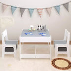 Mesa y silla infantiles de MDF blanco y gris, mesa de actividades 3 en 1 con cajones de almacenamiento