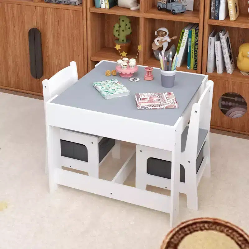 Mesa y silla infantiles de MDF blanco y gris, mesa de actividades 3 en 1 con cajones de almacenamiento