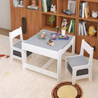 Mesa y silla infantiles de MDF blanco y gris, mesa de actividades 3 en 1 con cajones de almacenamiento