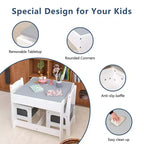 Mesa y silla infantiles de MDF blanco y gris, mesa de actividades 3 en 1 con cajones de almacenamiento