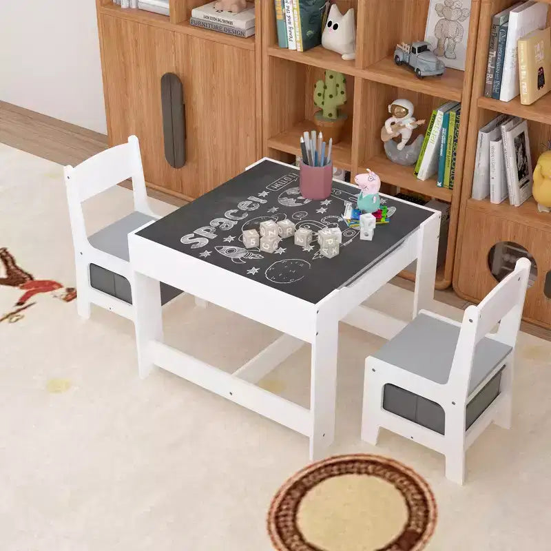 Mesa y silla infantiles de MDF blanco y gris, mesa de actividades 3 en 1 con cajones de almacenamiento
