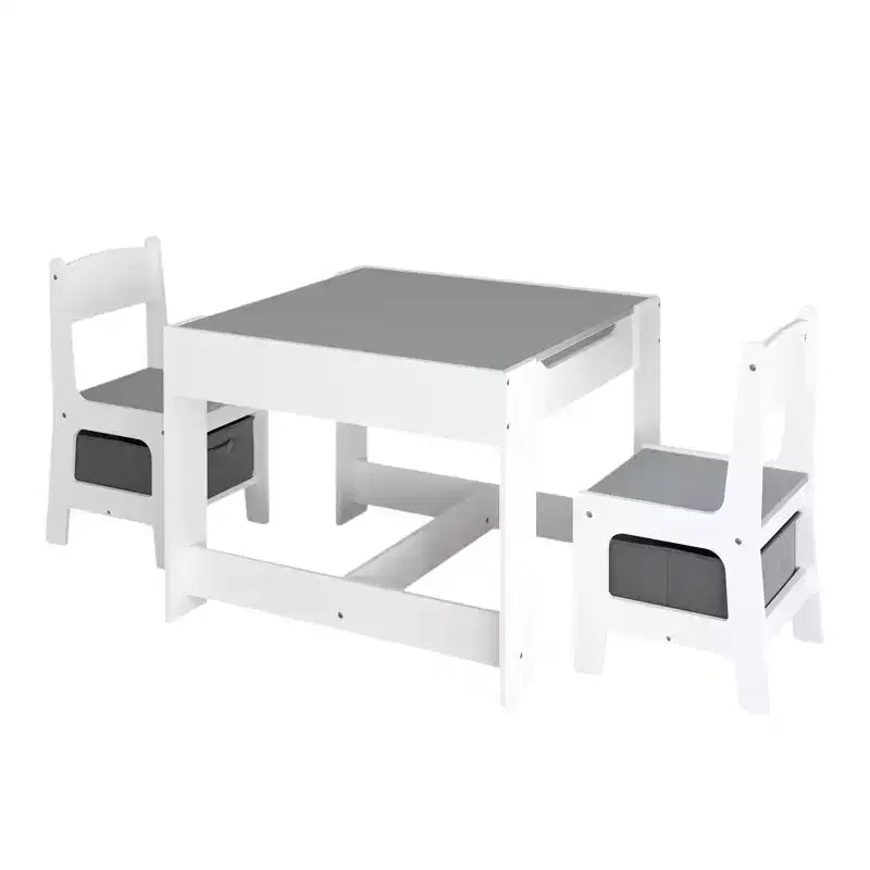 Mesa y silla infantiles de MDF blanco y gris, mesa de actividades 3 en 1 con cajones de almacenamiento