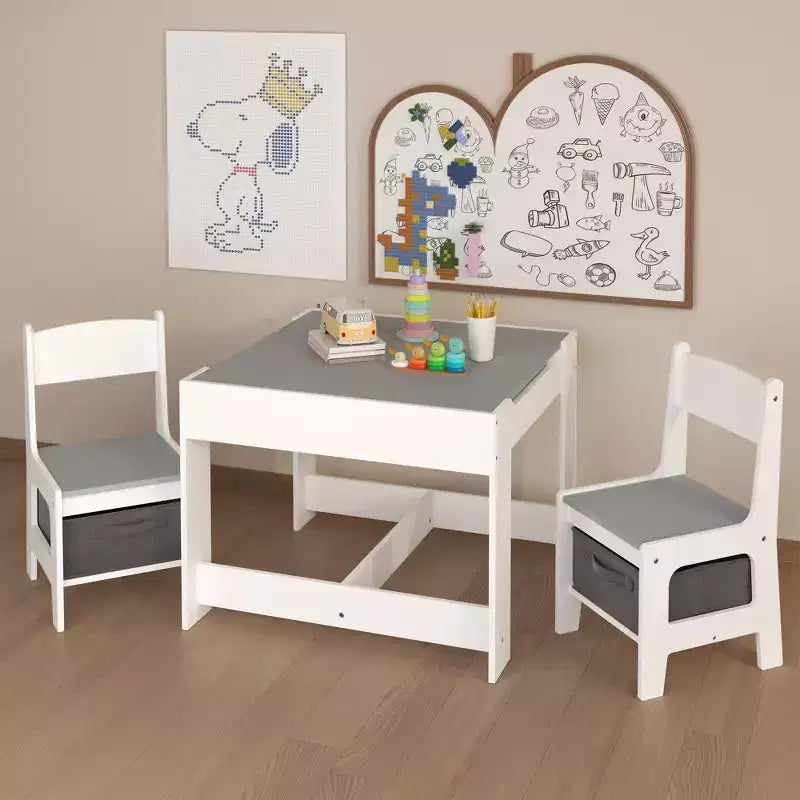 Mesa y silla infantiles de MDF blanco y gris, mesa de actividades 3 en 1 con cajones de almacenamiento