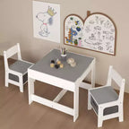 Mesa y silla infantiles de MDF blanco y gris, mesa de actividades 3 en 1 con cajones de almacenamiento