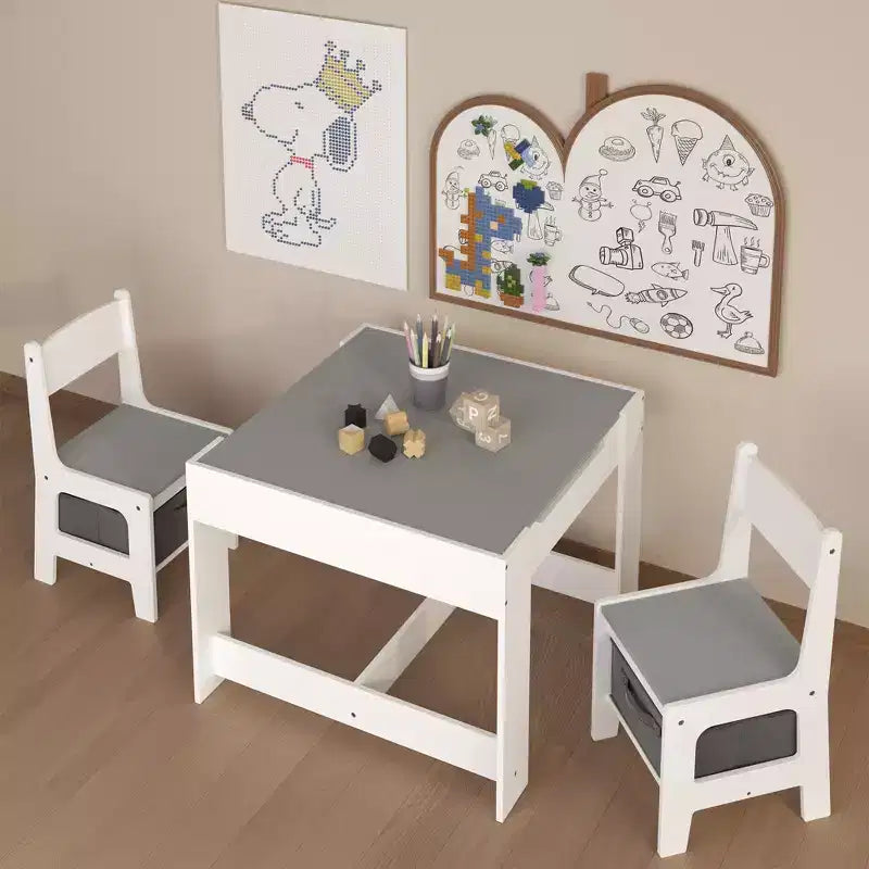Mesa y silla infantiles de MDF blanco y gris, mesa de actividades 3 en 1 con cajones de almacenamiento