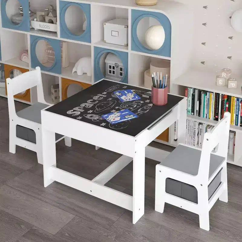 Mesa y silla infantiles de MDF blanco y gris, mesa de actividades 3 en 1 con cajones de almacenamiento