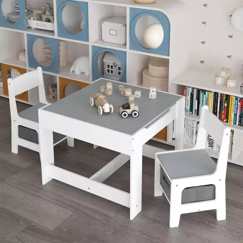 Mesa y silla infantiles de MDF blanco y gris, mesa de actividades 3 en 1 con cajones de almacenamiento