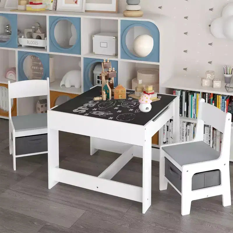 Mesa y silla infantiles de MDF blanco y gris, mesa de actividades 3 en 1 con cajones de almacenamiento
