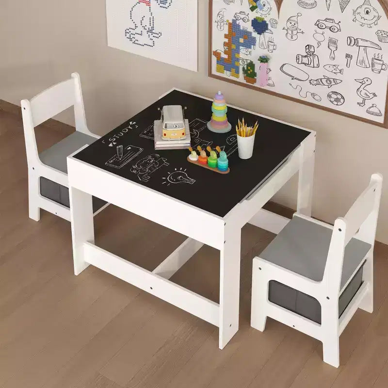 Mesa y silla infantiles de MDF blanco y gris, mesa de actividades 3 en 1 con cajones de almacenamiento