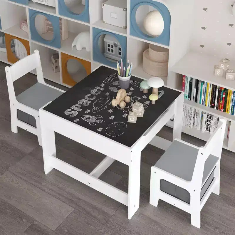 Mesa y silla infantiles de MDF blanco y gris, mesa de actividades 3 en 1 con cajones de almacenamiento