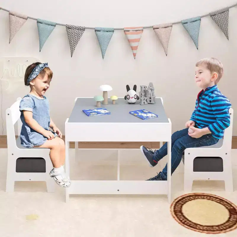 Mesa y silla infantiles de MDF blanco y gris, mesa de actividades 3 en 1 con cajones de almacenamiento