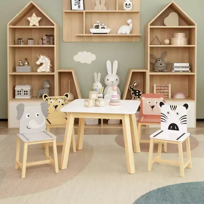 Mesa infantil y silla de madera maciza blanca y MDF