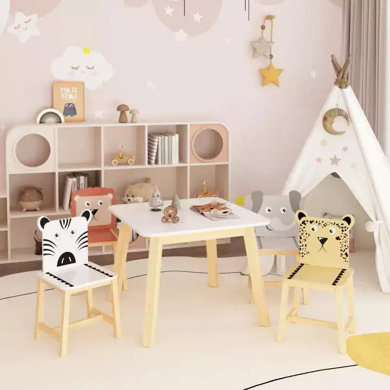 Mesa infantil y silla de madera maciza blanca y MDF