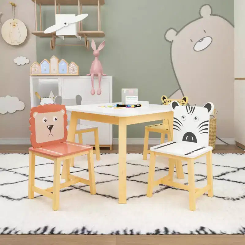 Mesa infantil y silla de madera maciza blanca y MDF