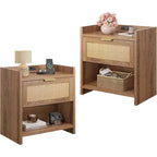 BALHAM TRADE-Set 2 Boho Night Stand Sets with Charging Station Rattan Bedside Tables Set with Storage