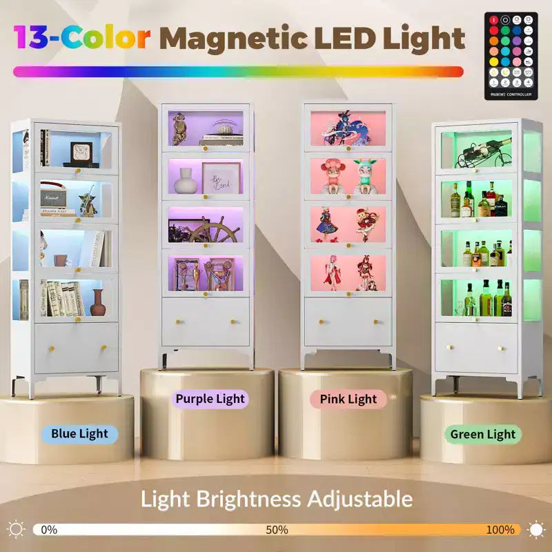 67 Vitrina con Puerta de Cristal, Cajón y Luces LED RGB de 13 Colores