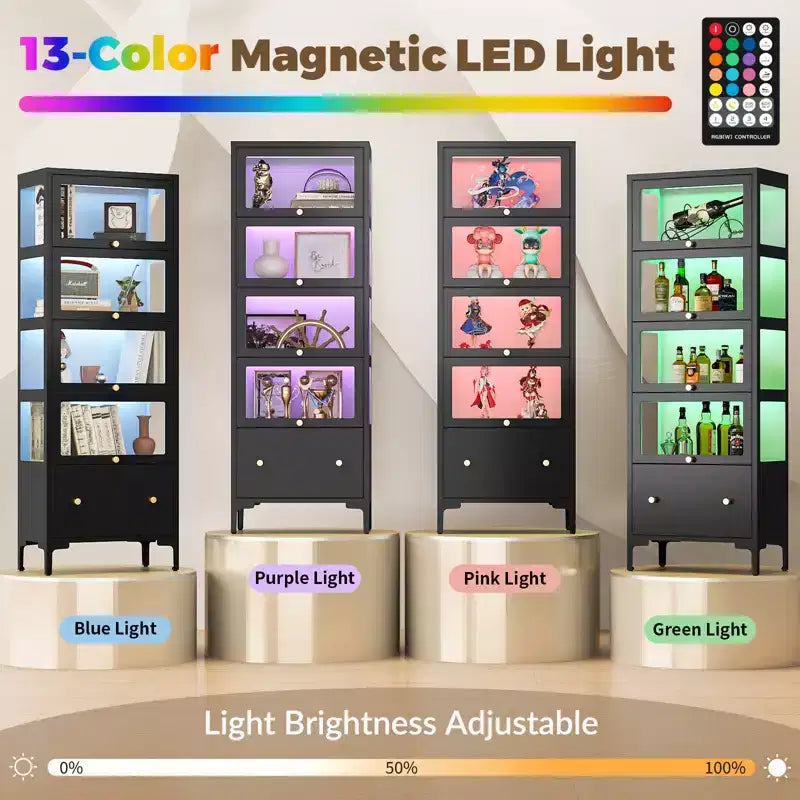 67 Vitrina con Puerta de Cristal, Cajón y Luces LED RGB de 13 Colores