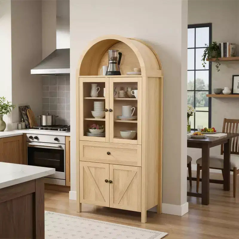 71 despensas de cocina de casa de campo con arco, alacena alta con puertas de vidrio, cajón y almacenamiento con patrón en X