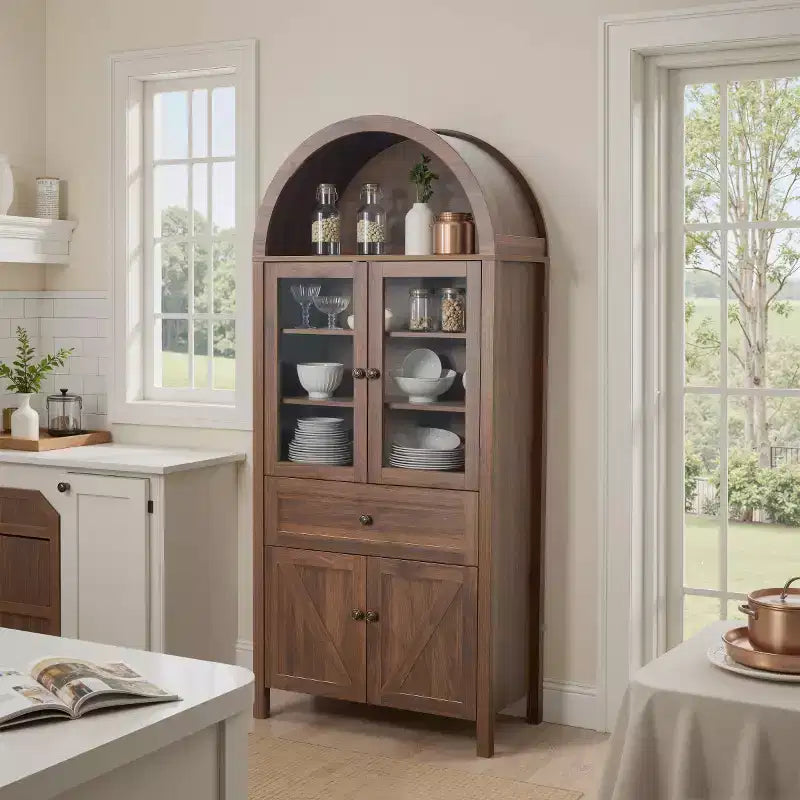 71 despensas de cocina de casa de campo con arco, alacena alta con puertas de vidrio, cajón y almacenamiento con patrón en X