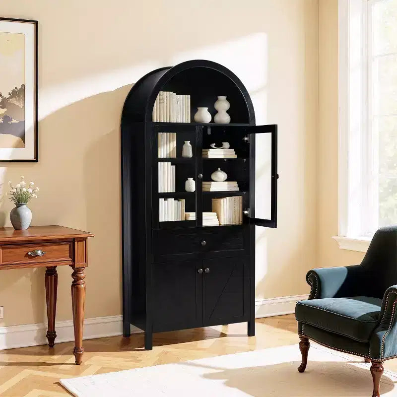 71 despensas de cocina de casa de campo con arco, alacena alta con puertas de vidrio, cajón y almacenamiento con patrón en X
