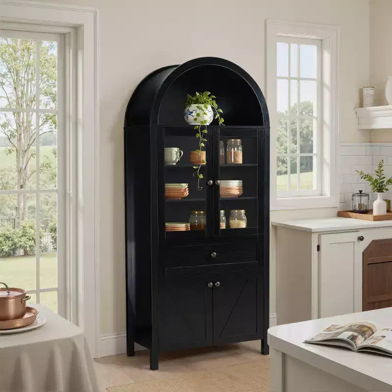 71 despensas de cocina de casa de campo con arco, alacena alta con puertas de vidrio, cajón y almacenamiento con patrón en X