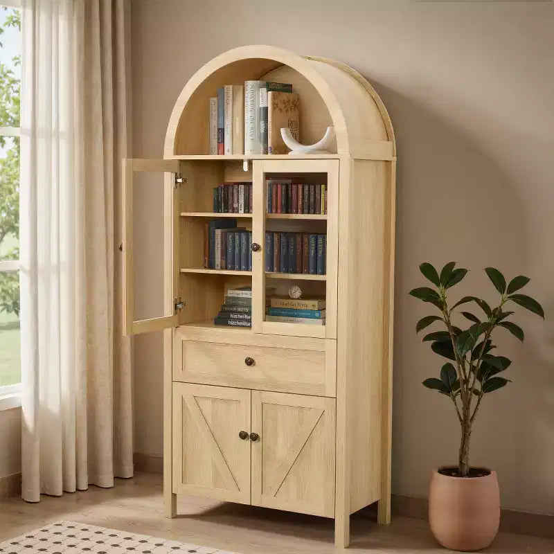 71 despensas de cocina de casa de campo con arco, alacena alta con puertas de vidrio, cajón y almacenamiento con patrón en X