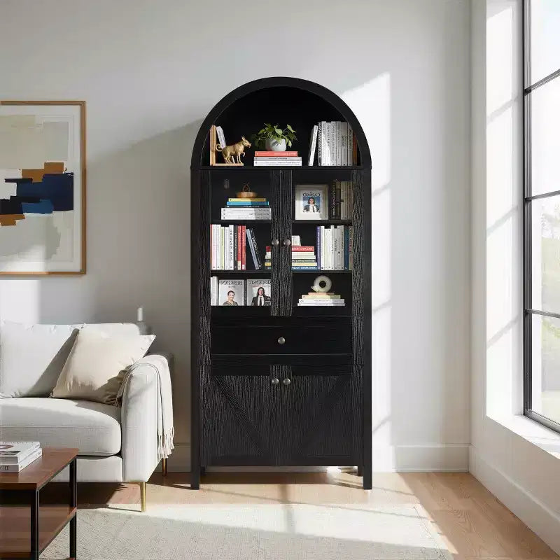 71 Arched Farmhouse Kitchen Pantry, Tall China Cabinet with Glass Doors, Drawer and X-Pattern Storage - Panipeachy
