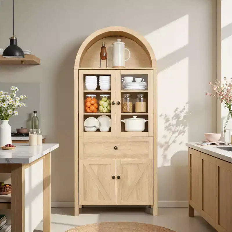 71 despensas de cocina de casa de campo con arco, alacena alta con puertas de vidrio, cajón y almacenamiento con patrón en X